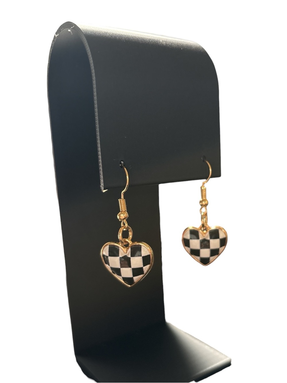 Hand Crafted Gold Heart Checkerboard Earrings - Black & White - Picture 3 of 3
